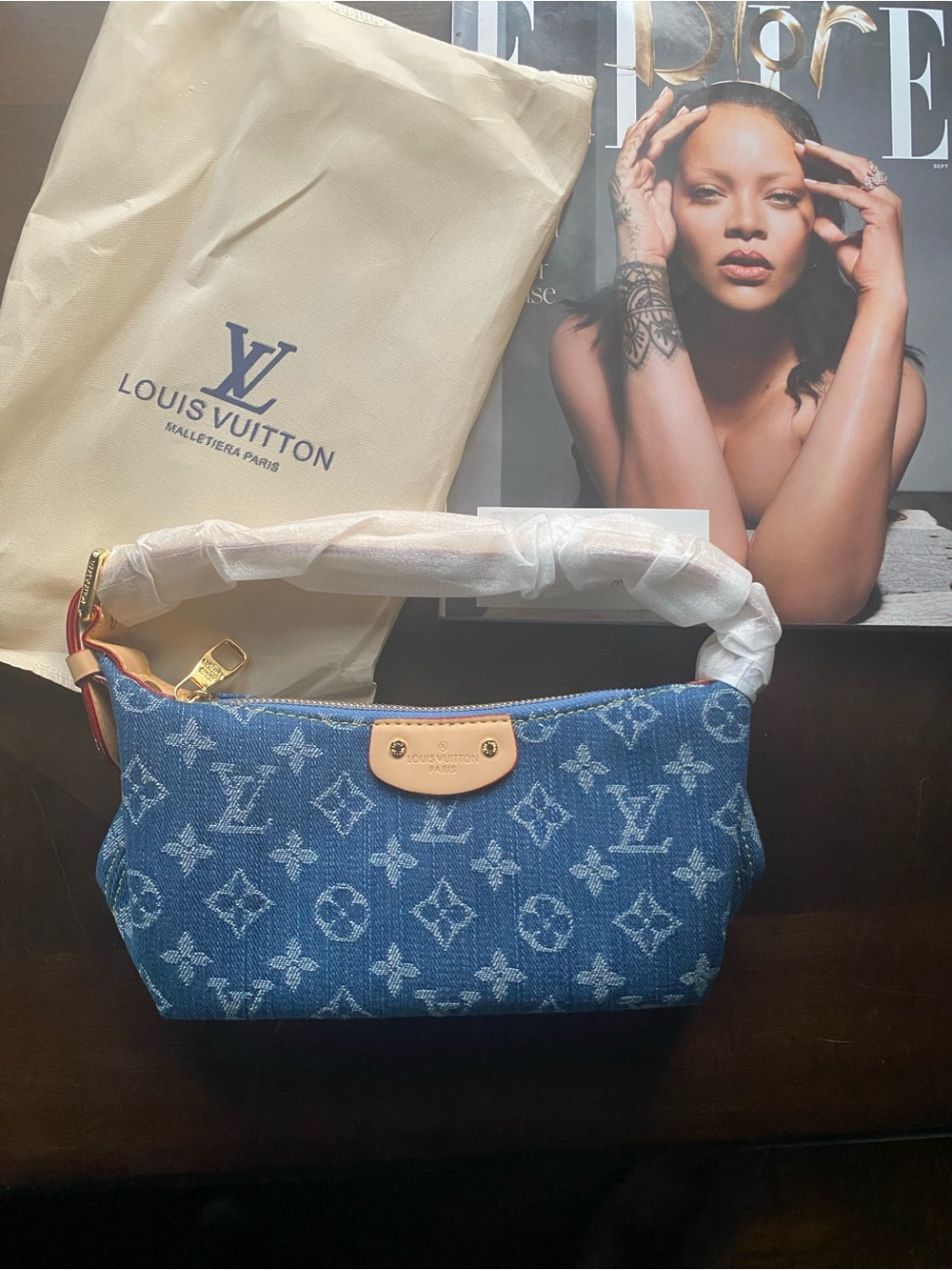 Louis Vuitton Denim Monogram Shoulder Bag in Blue with Tan Trim